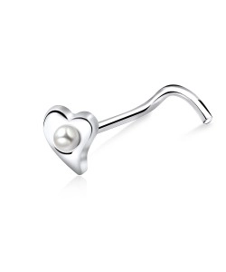 Pearly Heart Silver Curved Nose Stud NSKB-200p